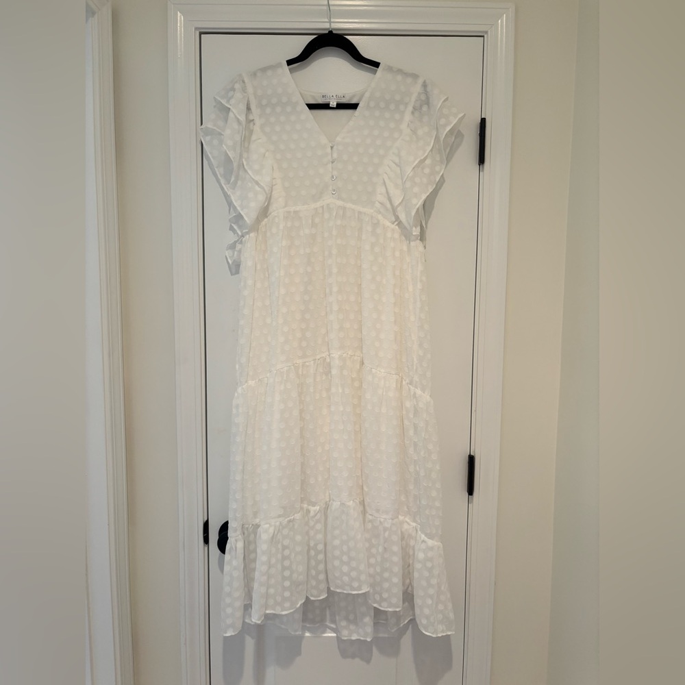 Off White Tiered Polka Dot Midi Sundress with Flutter Sleeves Boutique